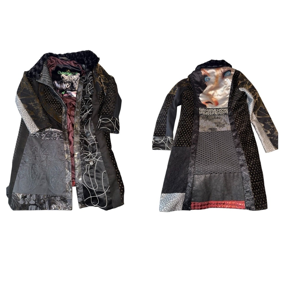 Desigual Happy Patchwork Jacket Y2K Blue Embroidered Artwear PeaCoat EU 38